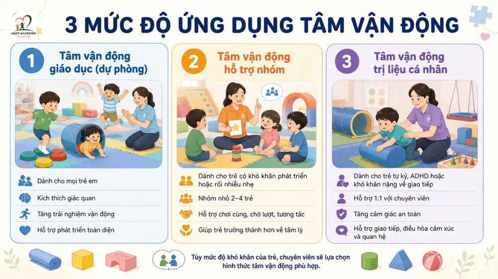 Ba mức độ ứng dụng tâm vận động gồm giáo dục dự phòng, hỗ trợ nhóm và trị liệu cá nhân