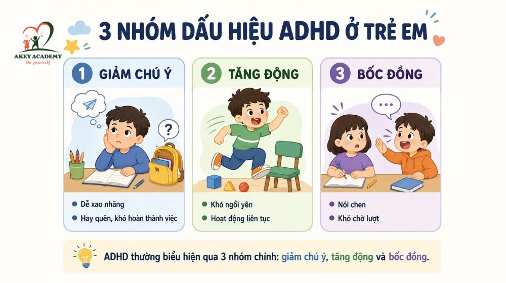 Ba nhóm dấu hiệu tăng động giảm chú ý ở trẻ em