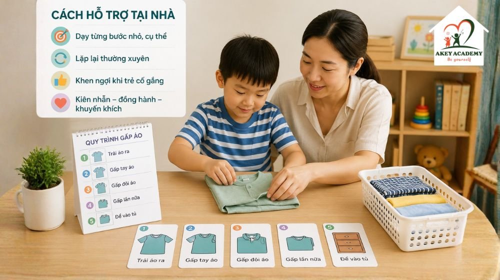 Cha mẹ hỗ trợ trẻ chậm phát triển trí tuệ rèn kỹ năng tự phục vụ
