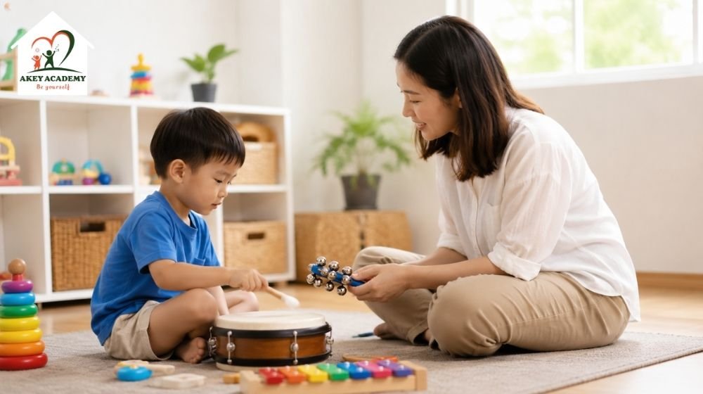 Chuyên viên âm nhạc trị liệu tương tác với trẻ tự kỷ bằng nhạc cụ đơn giản