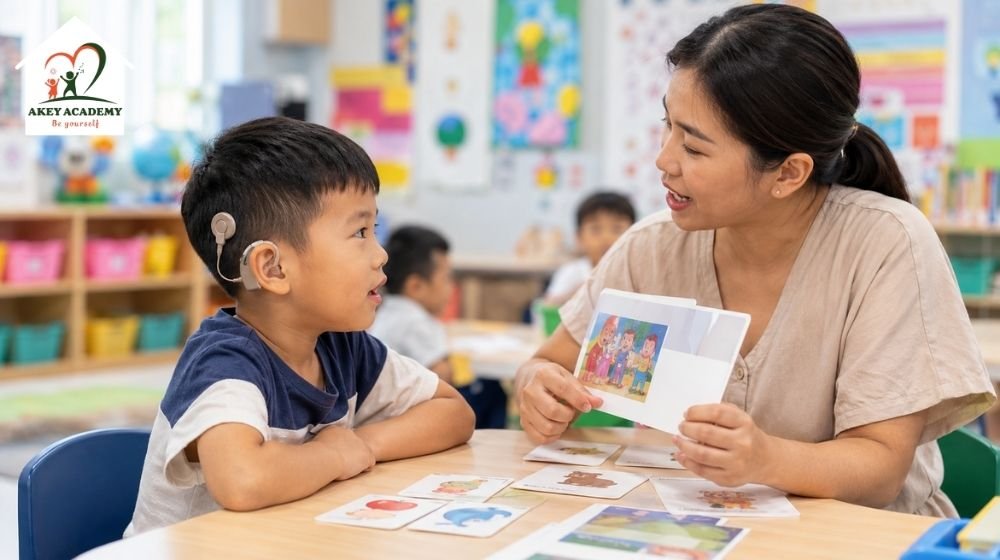 Trẻ khiếm thính được hỗ trợ học tập trong lớp hòa nhập
