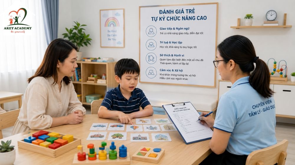 Đánh giá tự kỷ chức năng cao cần dựa trên quan sát chuyên môn, lịch sử phát triển và biểu hiện của trẻ ở nhiều môi trường