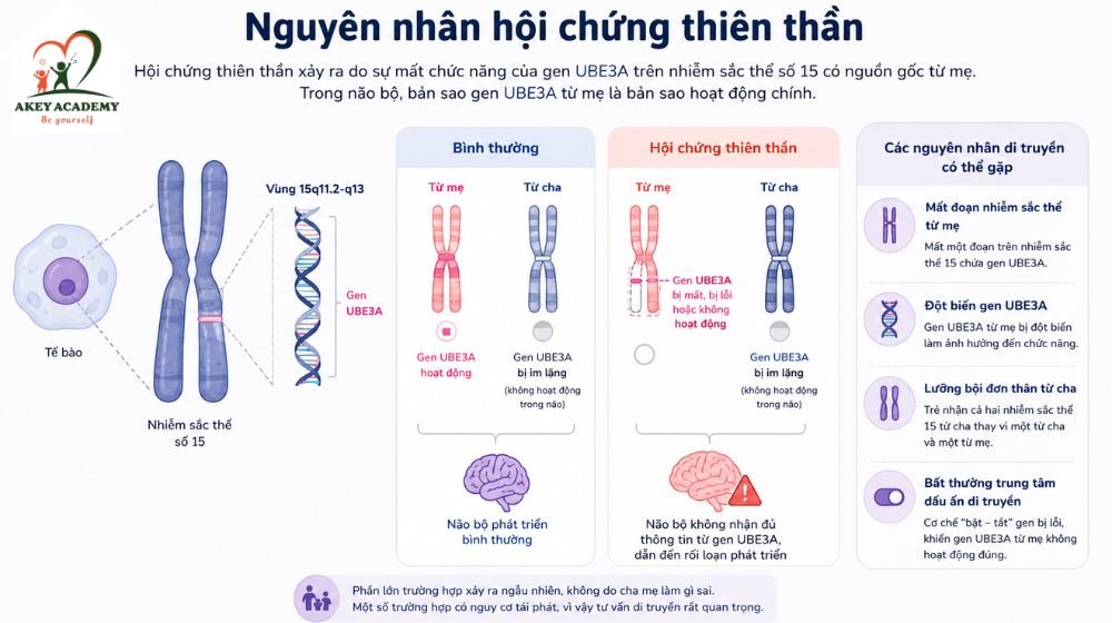 Hội chứng thiên thần thường liên quan đến sự mất chức năng của gen UBE3A trên nhiễm sắc thể số 15 có nguồn gốc từ mẹ.