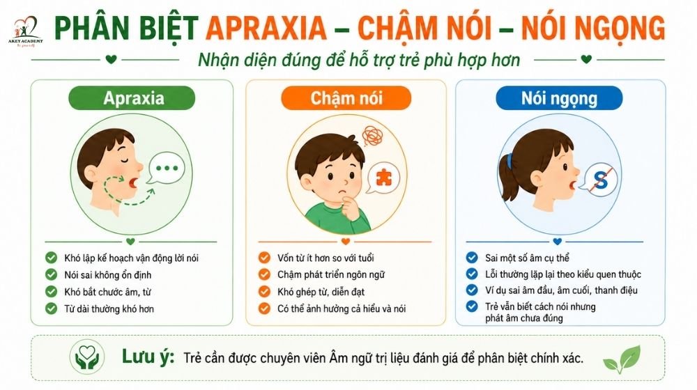 Infographic phân biệt apraxia, chậm nói và nói ngọng ở trẻ.