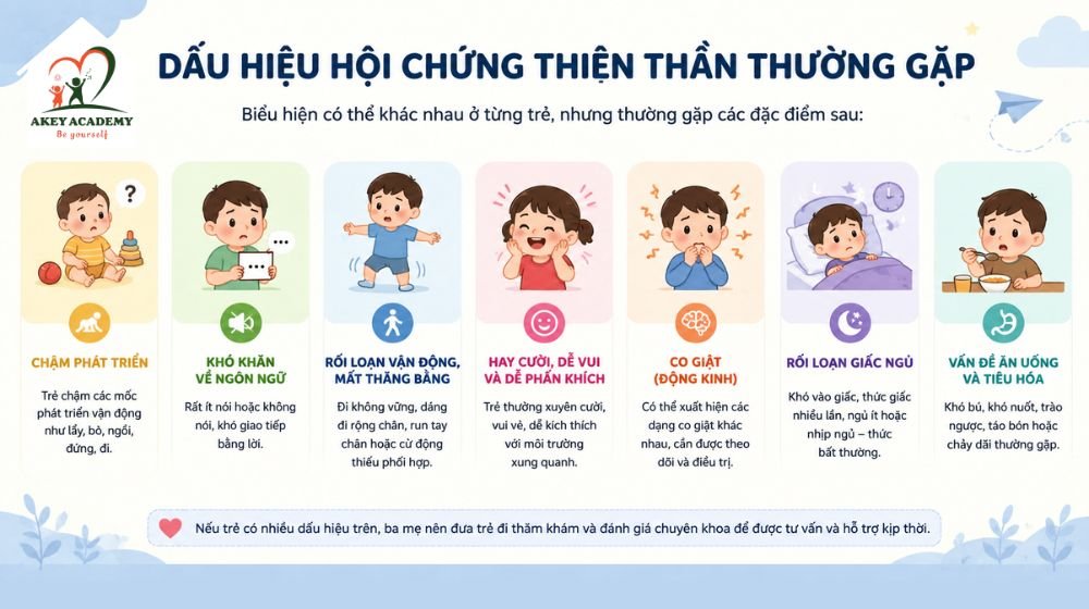 Một số dấu hiệu thường gặp của hội chứng thiên thần gồm chậm phát triển, rất ít lời nói, rối loạn vận động, co giật và rối loạn giấc ngủ.
