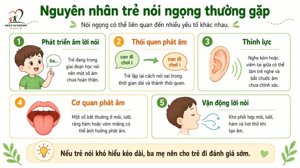 Nói ngọng có thể liên quan đến phát âm, thính lực hoặc vận động lời nói.