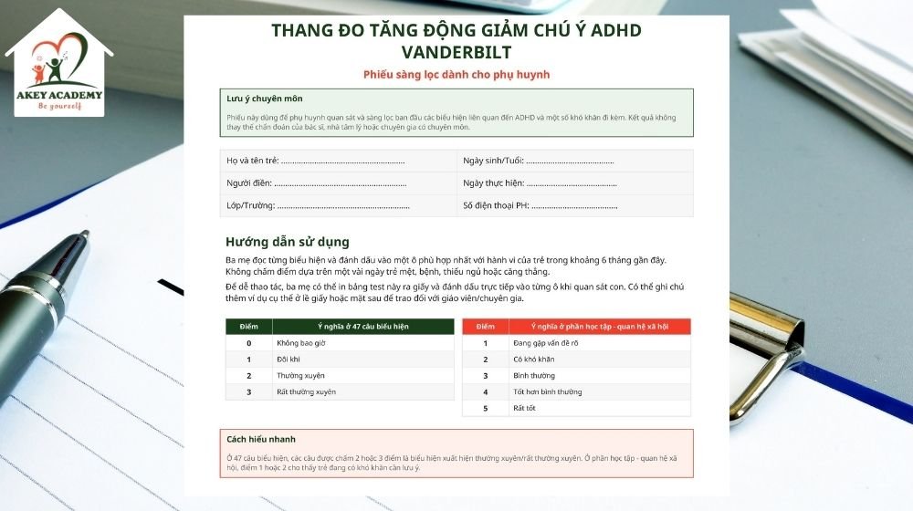 Thang Vanderbilt chỉ có giá trị sàng lọc ban đầu, không dùng để tự chẩn đoán ADHD