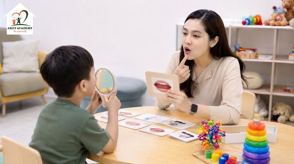 Trẻ được can thiệp âm ngữ trị liệu bằng hoạt động cá nhân hóa để hỗ trợ apraxia lời nói.