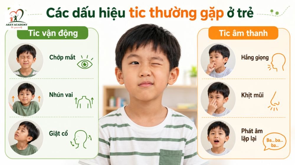 Các dấu hiệu tic vận động và tic âm thanh thường gặp ở trẻ.