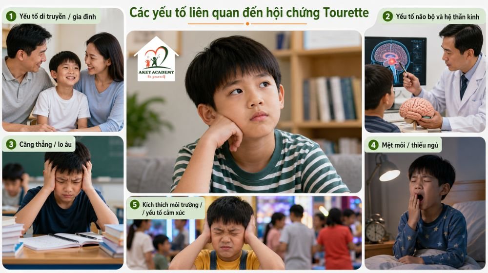 Các yếu tố liên quan đến hội chứng tourette ở trẻ gồm di truyền, hệ thần kinh, căng thẳng, thiếu ngủ và kích thích môi trường