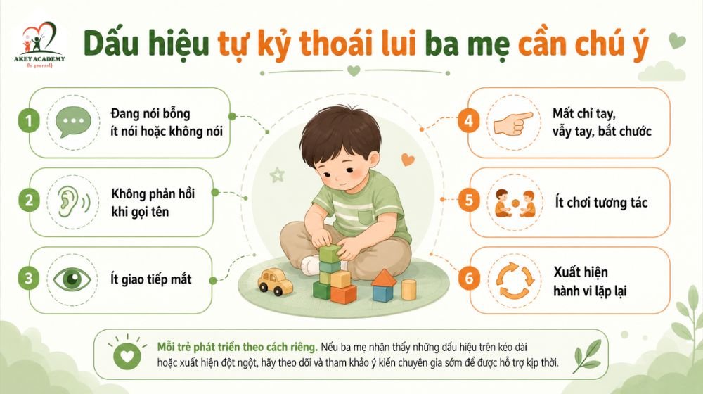 Infographic các dấu hiệu tự kỷ thoái lui ở trẻ gồm ít nói, không phản hồi tên gọi, giảm giao tiếp mắt và ít tương tác xã hội.