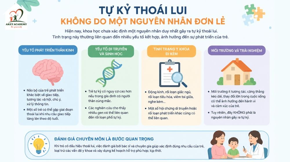 Infographic giải thích tự kỷ thoái lui không do một nguyên nhân đơn lẻ mà liên quan đến phát triển thần kinh, di truyền và yếu tố y khoa.