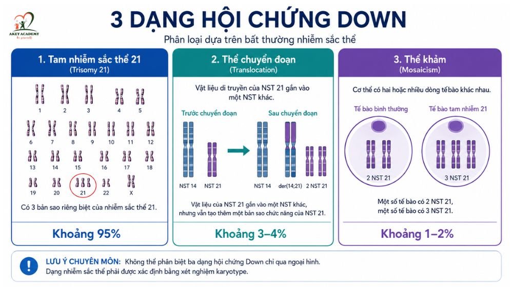 Infographic minh họa ba dạng hội chứng down gồm tam nhiễm sắc thể 21, thể chuyển đoạn và thể khảm, kèm tỷ lệ thường gặp của từng dạng