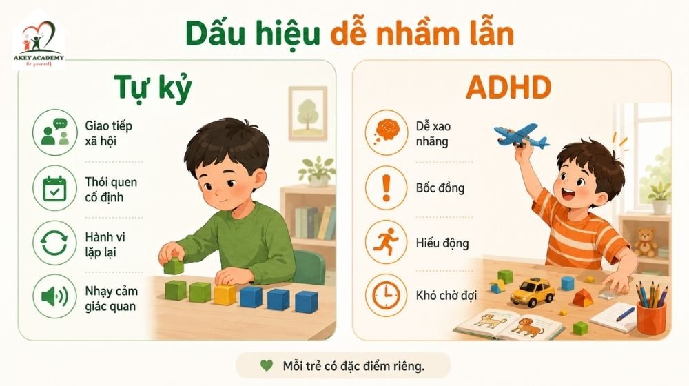 Mặc dù ASD và ADHD có những điểm tương đồng về hành vi và khó khăn trong học tập, nguyên nhân nền tảng và biểu hiện cốt lõi của mỗi rối loạn là khác nhau.