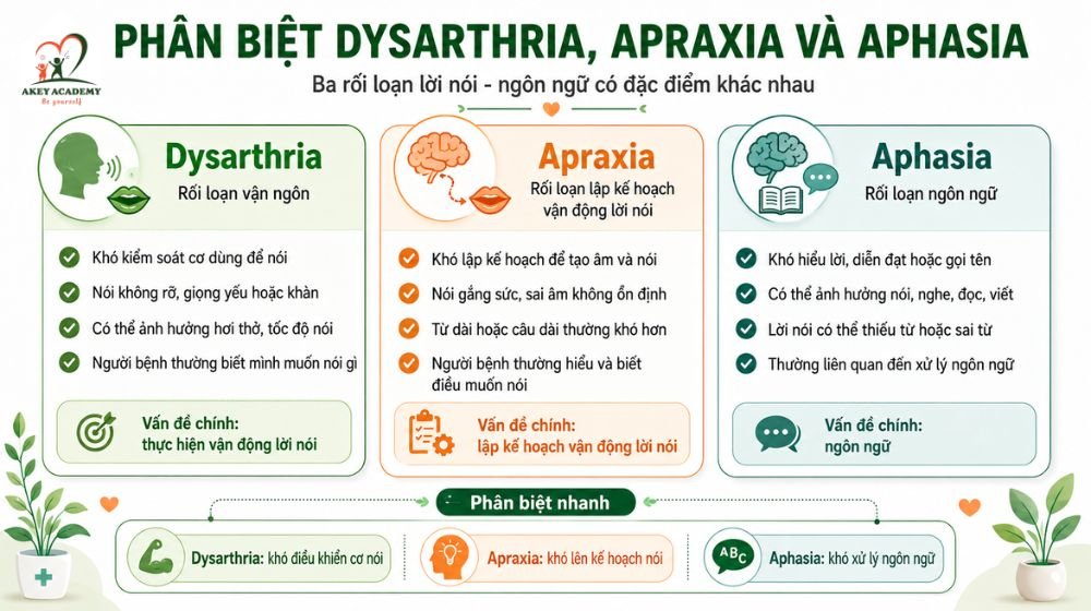 Phân biệt dysarthria với apraxia và aphasia