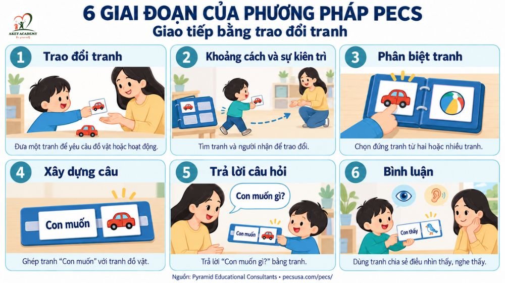 infographic mô tả 6 giai đoạn của phương pháp pecs trong giao tiếp bằng trao đổi tranh