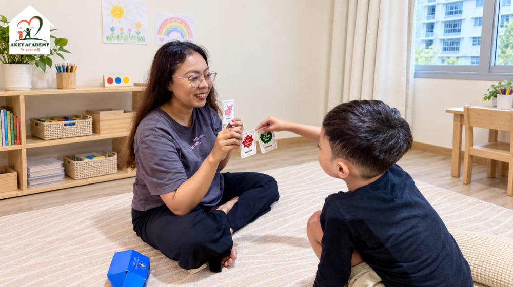 phụ huynh làm mẫu cách sử dụng aac cho trẻ tại nhà