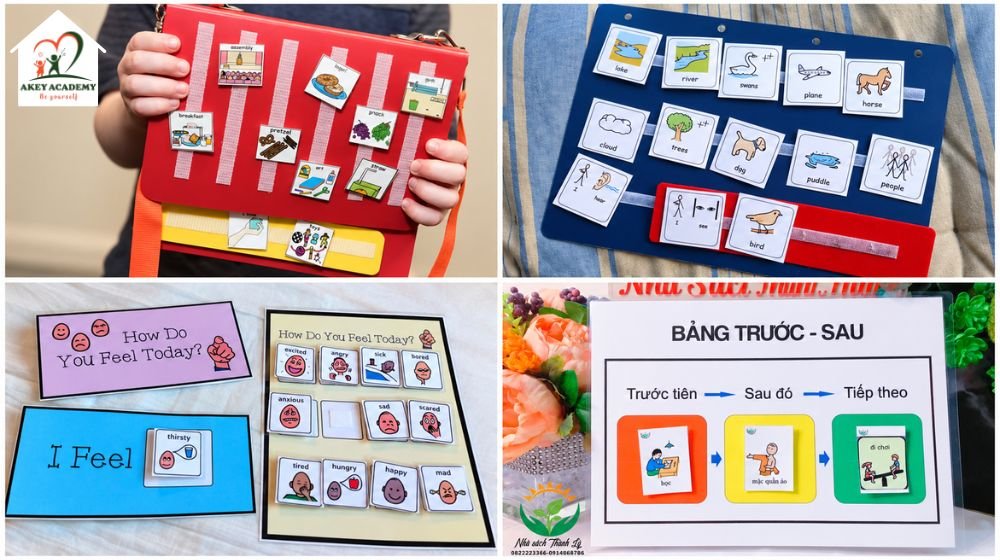 sổ giao tiếp pecs, thẻ tranh cảm xúc, dải câu và bảng trước–sau