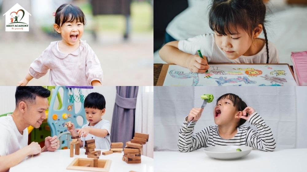 Ảnh ghép trẻ chạy nhảy, vẽ, chơi xếp khối và tự ăn