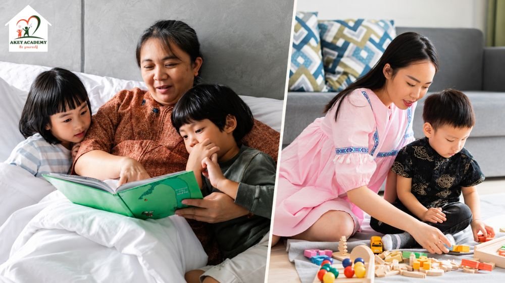 bà đọc sách cùng các cháu và mẹ chơi đồ chơi cùng con