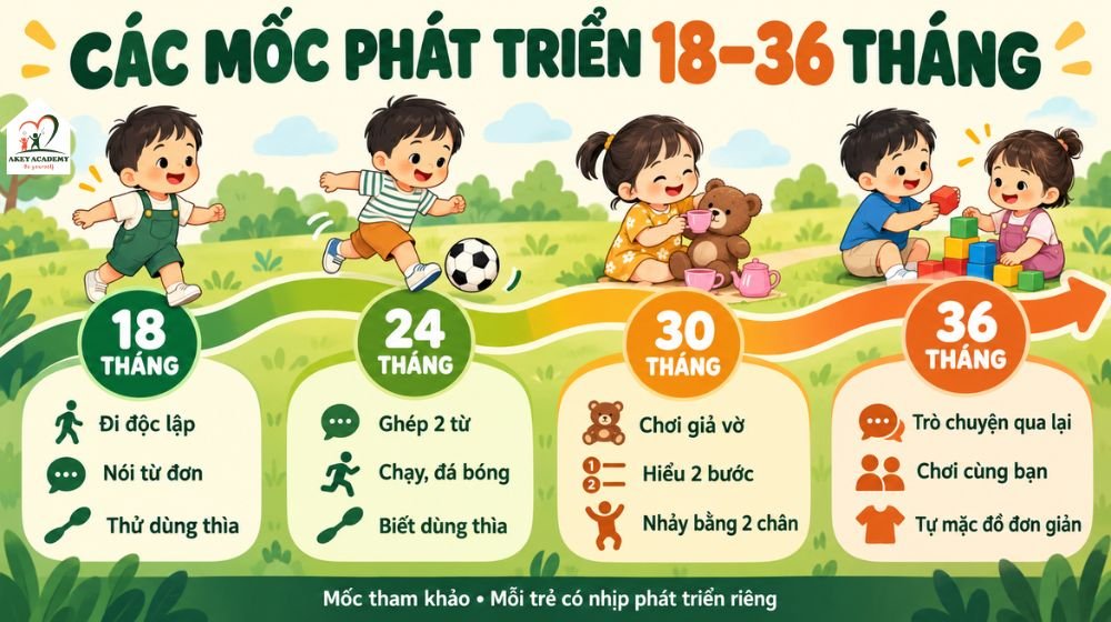 infographic một số mốc phát triển của trẻ ở 18, 24, 30 và 36 tháng