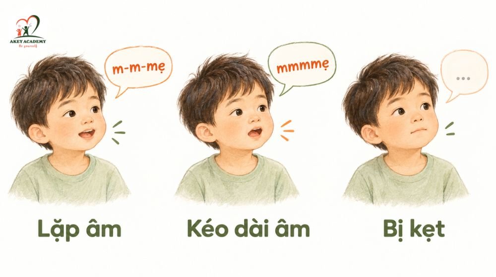 minh họa ba kiểu gián đoạn lời nói lặp âm, kéo dài âm và bị kẹt