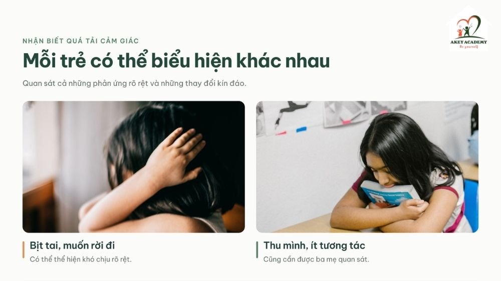 minh họa trẻ bịt tai, muốn rời đi và trẻ thu mình, giảm tương tác khi cảm thấy quá sức