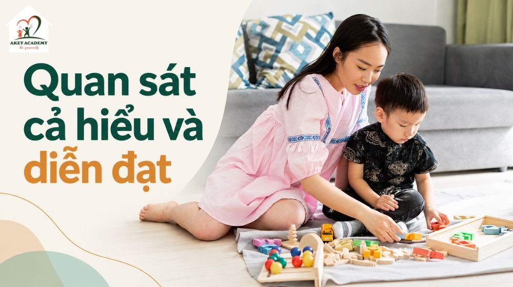 người lớn và trẻ cùng chơi đồ chơi, minh họa việc quan sát khả năng hiểu và diễn đạt
